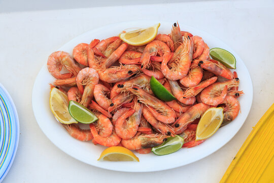 A plate of Spencer Gulf prawns with lemon and lime slices. Australia.