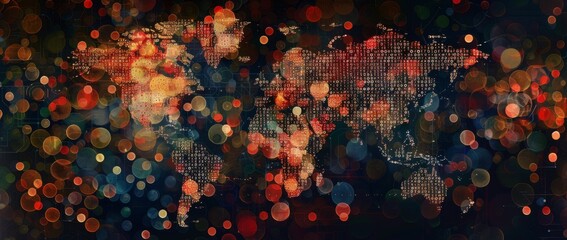 Digital world map with data visualization elements in a futuristic design.