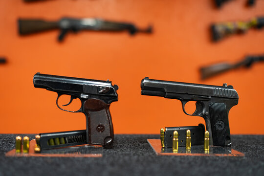 Baltic States January 6, 2025. Soviet weapons, TT pistol and Makarov PM in a shooting range. Illustrative editorial.