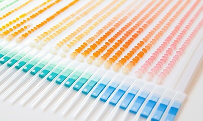 Colorful gradient candies and test tubes on white background, for scientific or creative projects.