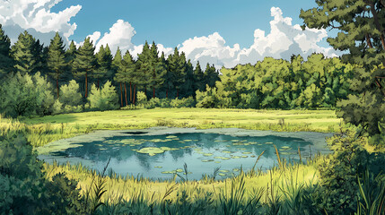 Landscape of a green meadow with a pond and forest. cartoon illustration. Evergold. Illustration