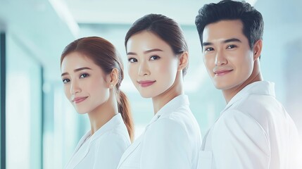Fototapeta premium Three asian doctors are standing side by side in a bright and modern hospital setting, conveying teamwork, professionalism, and expertise in healthcare