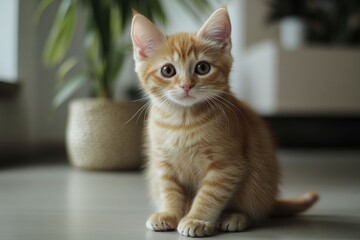 A small orange kitten is seen sitting next to a potted plant