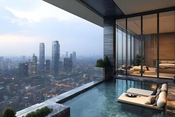 Obraz premium Luxury Penthouse with Infinity Pool and Stunning City View at Night
