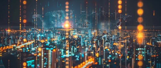 Digital world map with data visualization elements in a futuristic design.