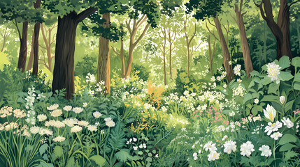 Lush woodland glade featuring a vibrant herbaceous community dominated by beakchervil and hellebore ideal for nature enthusiasts and botanical studies. Evergold. Illustration