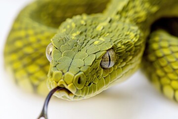 Fototapeta premium A close-up view of a green snake's head, with its eyes and mouth visible