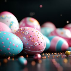 Vibrantly colored eggs in shades of pink and blue are arranged across a dark surface, showcasing intricate patterns and a joyful spring atmosphere with small decorative beads