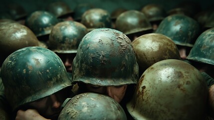 A group of military men soldiers, wearing green uniforms and worn out helmets