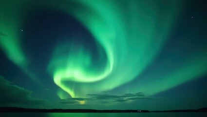 Celestial Lights. Vibrant green aurora borealis swirling night sky ove