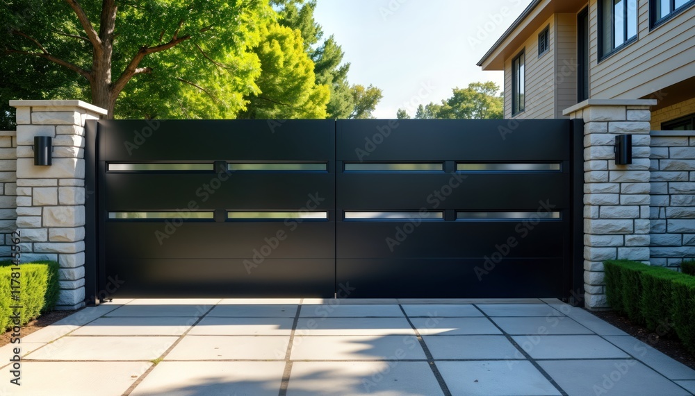 Poster modern automatic sliding gate. stylish black gate with glass panels. residential driveway. high-end 