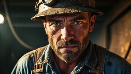 Obraz premium Worker in mining helmet focuses on the camera with intense expression indoors