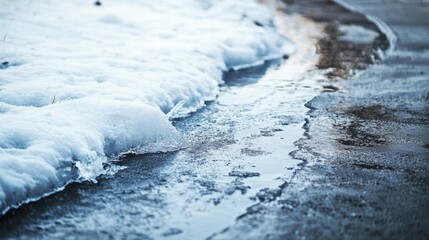 Melting snow creates a small stream of water flowing alongside the road, illustrating the beautiful transition from winter's chill to the warmth of spring