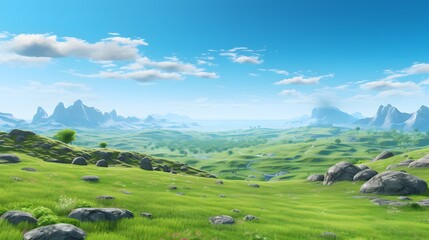 Fototapeta premium Spring In The Hills, With Vibrant Green Grass And Blue Sky With Scattered Clouds