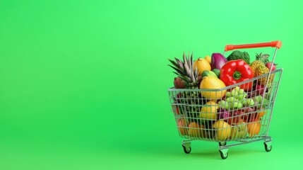A miniature shopping cart overflowing with fresh produce against a vibrant green background.