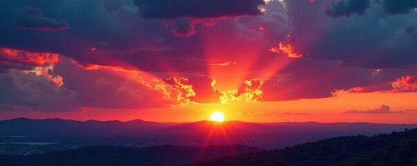 Naklejka premium Deep indigo transitioning to fiery orange, showcasing a rich, layered sunset sky , color, twilight