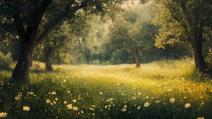 Obraz premium Painted glade meadow forest illustration. Evergold. Illustration