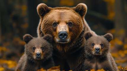 Obraz premium A pride of bears striking majestic poses amidst the lush greenery of a forest. A family of bears beautifully portrayed in a wildlife photograph within a dense woodland setting.
