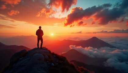Obraz premium Man stands atop mountain peak. Sunset paints sky with vibrant colors. Mountain landscape stretches out below. Clouds drift. Man looks out at panoramic view. Scenic beauty. Inspirational. Adventure.