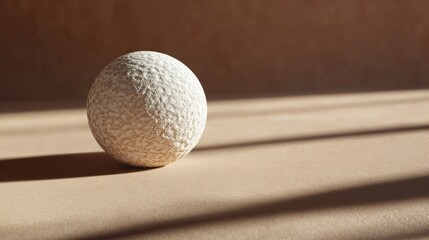A textured white sphere rests on a beige surface, illuminated by sunlight casting shadows.