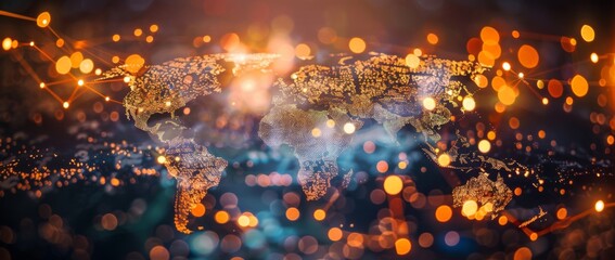 Digital world map with data visualization elements in a futuristic design.