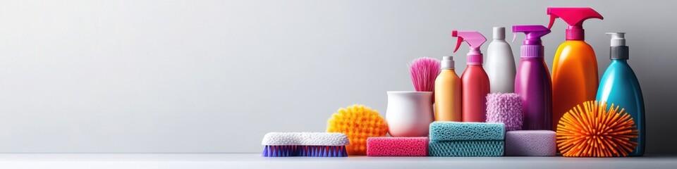 Clean and organized display of household cleaning products with ample copy space