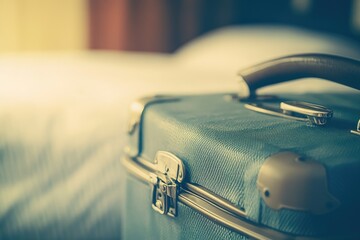 A suitcase sits on the edge of a bed, awaiting travel or storage