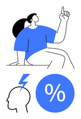 Obraz premium Person with raised hand representing curiosity or insight, head with lightning bolt indicating brainstorming or sudden idea, percentage symbol. Ideal for creativity, innovation, education