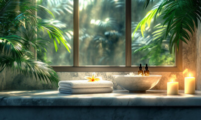 Fototapeta premium Serene spa setting with towels, candles, and essential oils near a window overlooking lush tropical foliage.