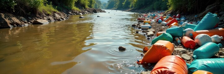 Obraz premium Brown river, plastic bottles and bags dominate surface , damage, dirty