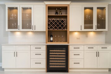 Fototapeta premium A modern kitchen with white cabinets and a wine cooler