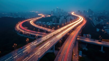 Neon Skyline. City highway at night with bright light trails, traffic