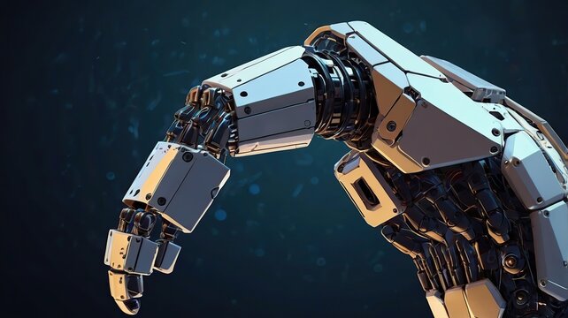 Robotic arm futuristic hud background. Polygon robo hand as a concept of automatization, machinery, robotic technology, industrial revolution and artificial intelligence. Low poly design.