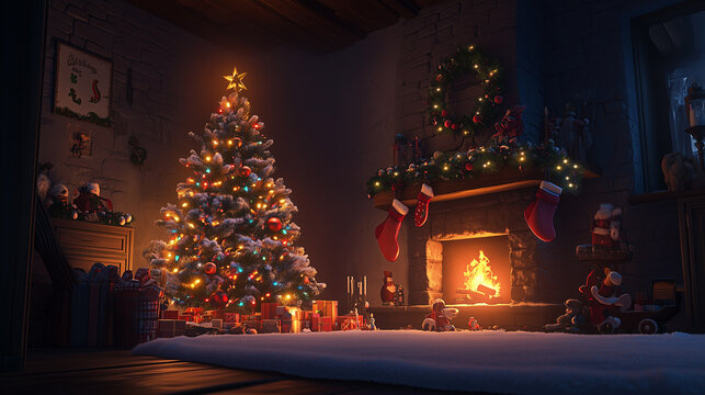Cozy glow from the fire, Christmas tree adorned with decorations, and toys at its base-3