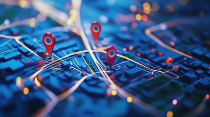 Close-up view of a map with several pins marking various locations