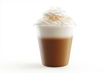 A tempting iced cappuccino in a plastic cup crowned with milk foam and ice awaits a refr