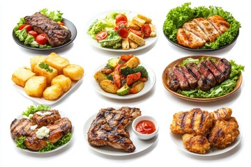 A variety of English dishes grilled chicken with veggies beef steak with potatoes fried