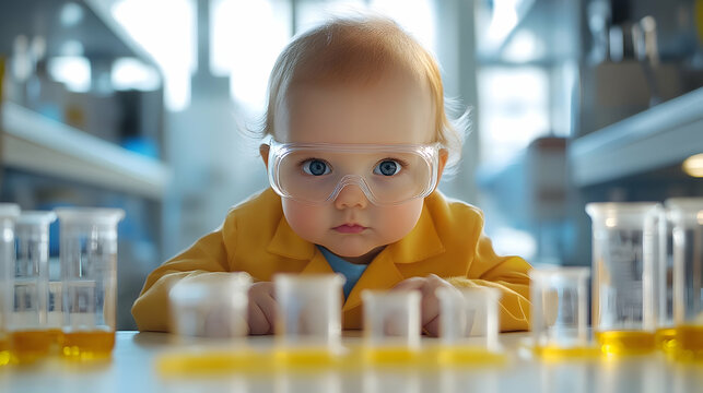 Baby dressed as a scientist working in a laboratory, symbolizing curiosity and intelligence, perfect for science-themed branding or educational campaigns