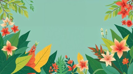  flat design illustration featuring a nature background with tropical green leaves, exotic plants, and flowers. Warm terracotta and cool teal colors create an earthy contrast.