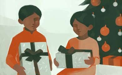 Boy and girl with Christmas gifts