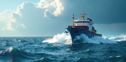 Cargo ship on turbulent ocean, distant tsunami wave, destruction, storm