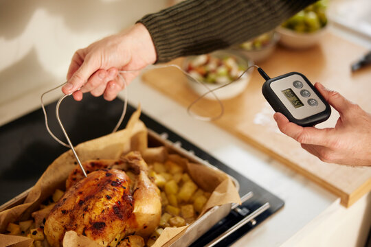 Meat thermometer in roast chicken