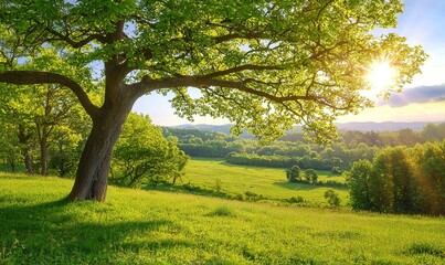 Obraz premium Majestic oak tree on grassy hill at sunset overlooking valley, ideal for nature backgrounds.