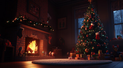 Obraz premium Cozy glow from the fire, Christmas tree adorned with decorations, and toys at its base-4