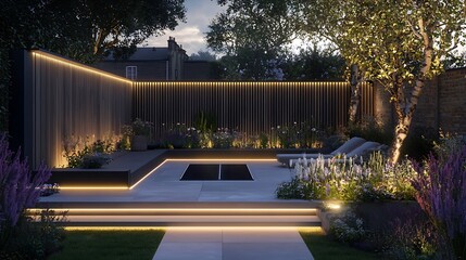 Modern backyard patio with integrated lighting, wooden wall, and lush landscaping at dusk.