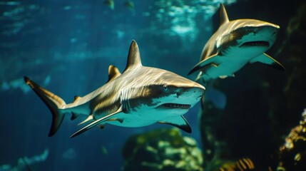 Fototapeta premium Two sharks swimming in a large aquatic tank