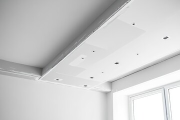 An incomplete ceiling shows exposed drywall and recessed lights emphasizing ongoing const