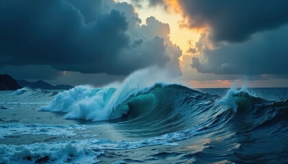 Fototapeta premium Dark, churning waves crash against a tempestuous sky , black, blue