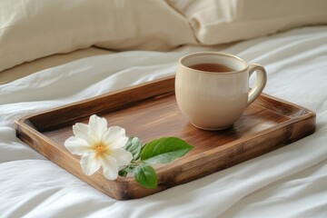An ornate wooden tray on the bed holds a tea mug and a flower