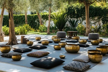 An outdoor sound therapy space set up for a gong bath with mats and cushions arranged for